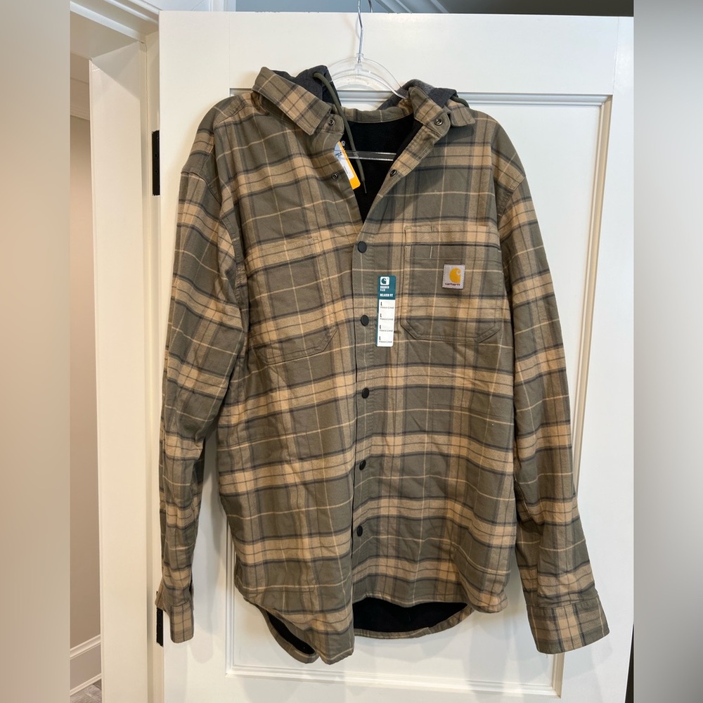 Carhartt Men's Plaid Jacket - Green/Brown, fleece lined with hood. New with tags